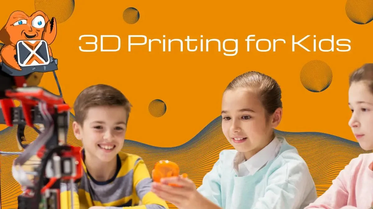 Kids engaged with 3D printer and orange 3D print on bright educational background