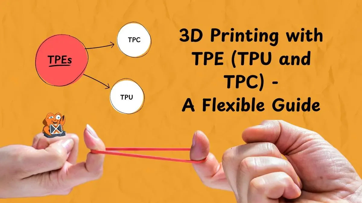 3D printing with TPE, TPU, and TPC flexible guide graphic, hands stretching red band