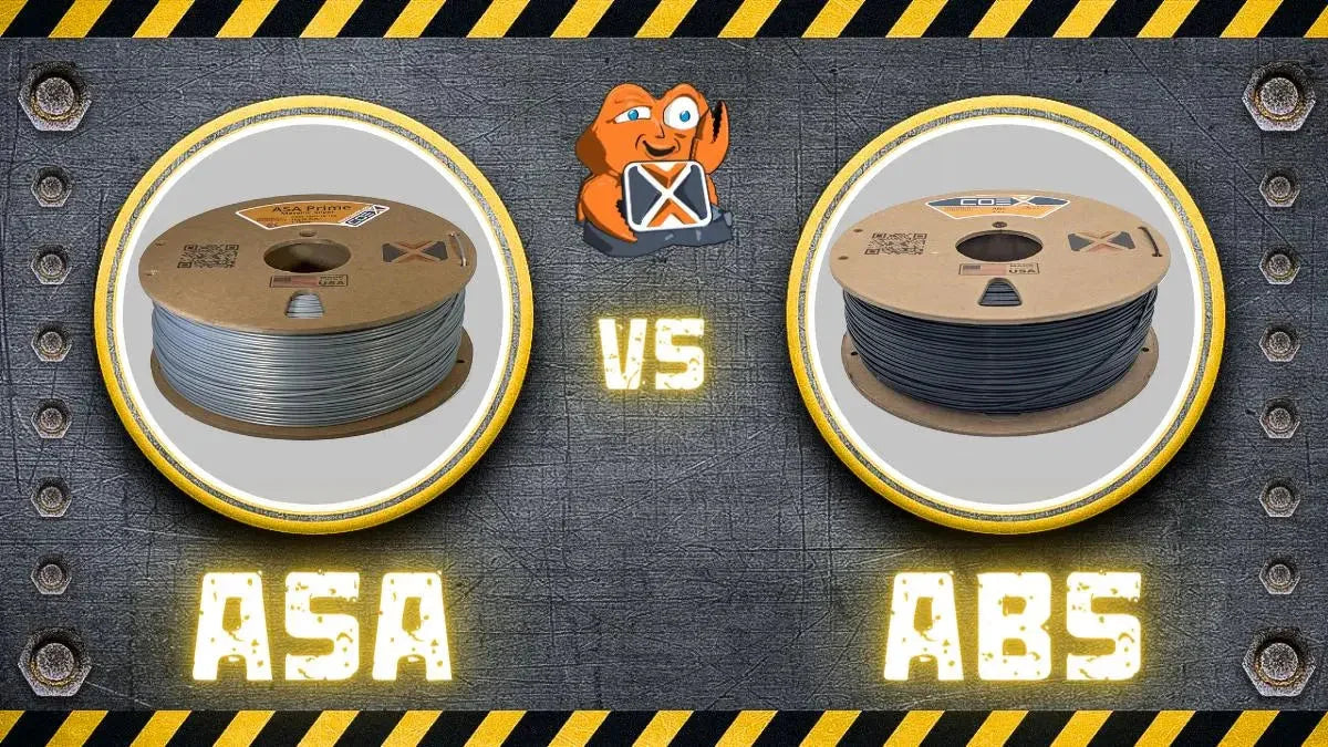 ASA vs ABS 3D printer filament spools on industrial background, comparison graphic