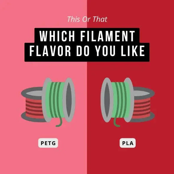 PETG vs PLA 3D printer filament spools graphic, split background, text comparison