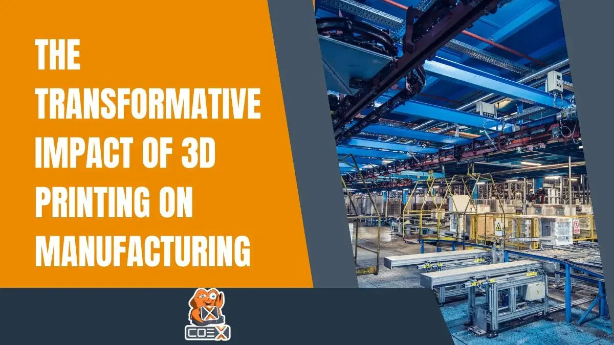 Modern manufacturing facility with conveyor systems and text about 3D printing impact