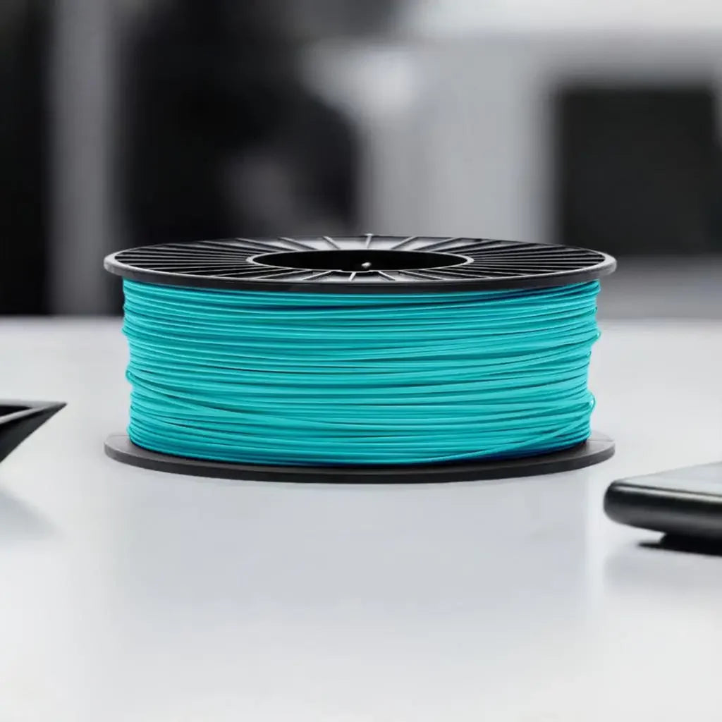 Aqua blue ABS filament spool for 3D printing on a white table