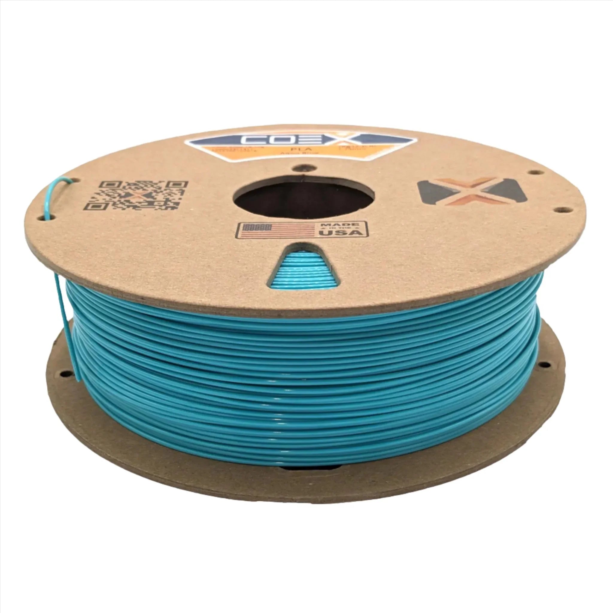 Aqua blue PLA 3D printer filament spool made by Coex3D, cardboard reel, close-up view.