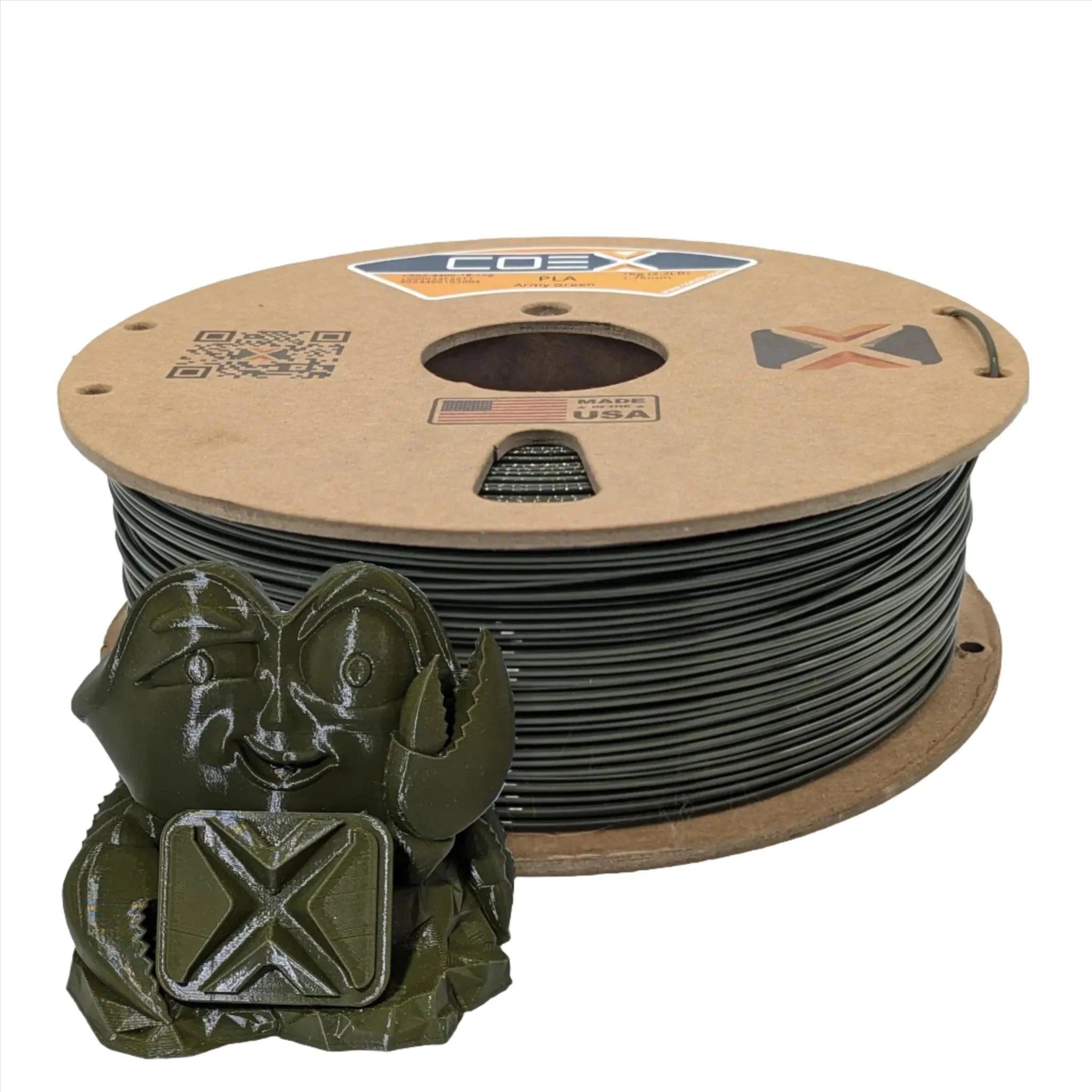 Army green COEX 3D PLA filament spool with 3D printed figurine