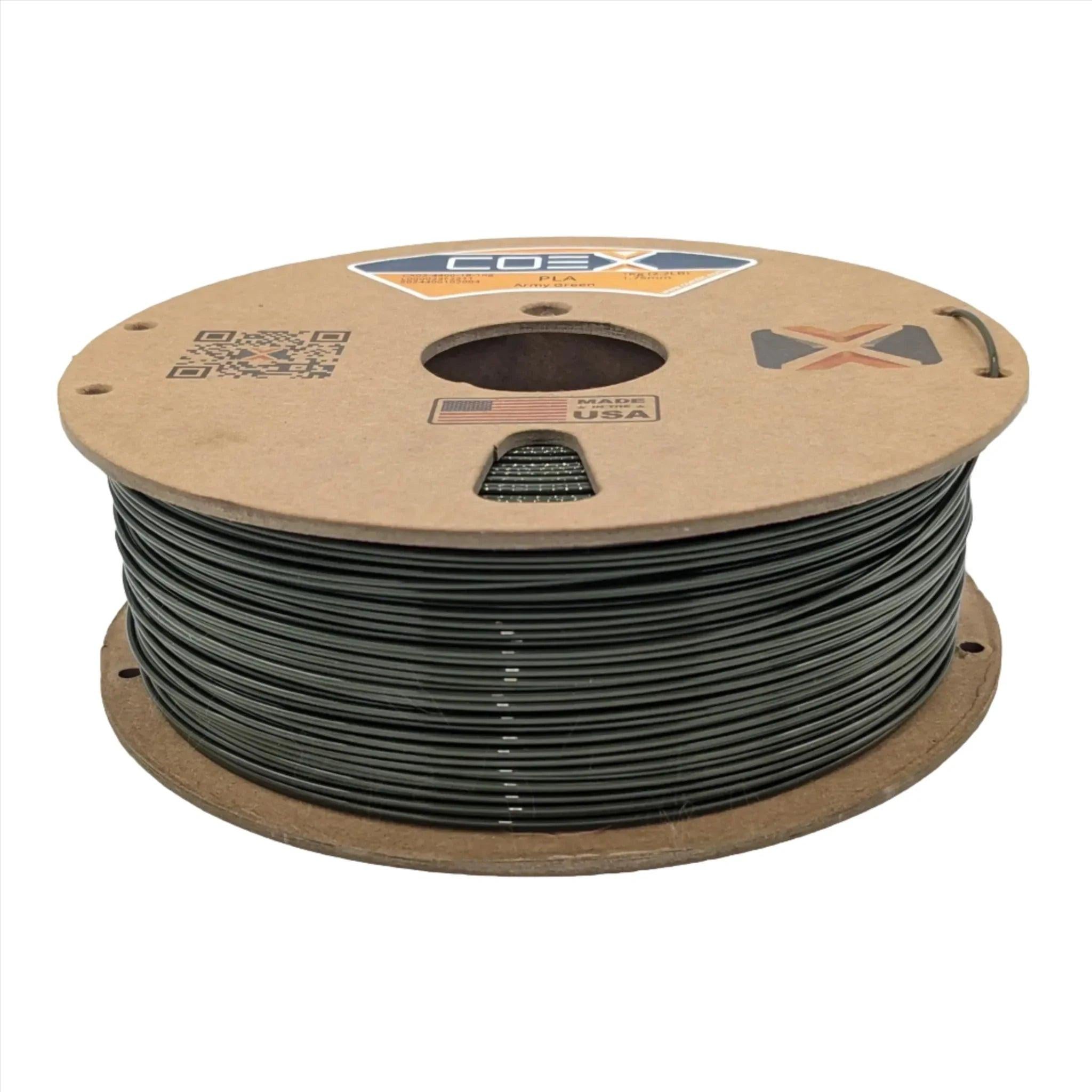 Army green Coex 3D PLA filament spool for 3D printing, cardboard reel, Made in USA label