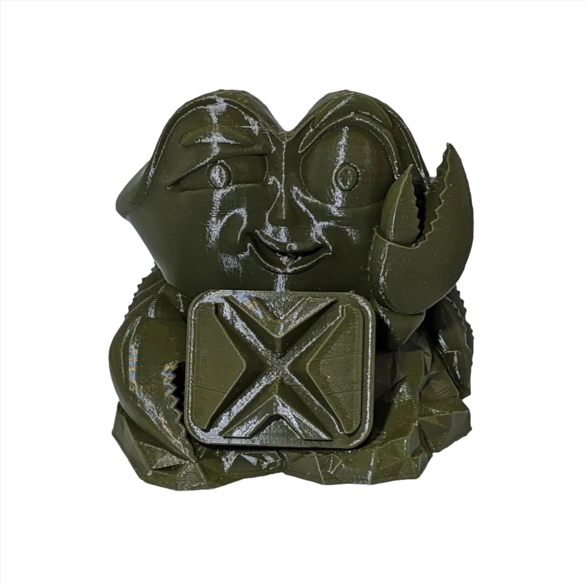 Army green 3D printed crab figurine made with COEX PLA filament on white background.