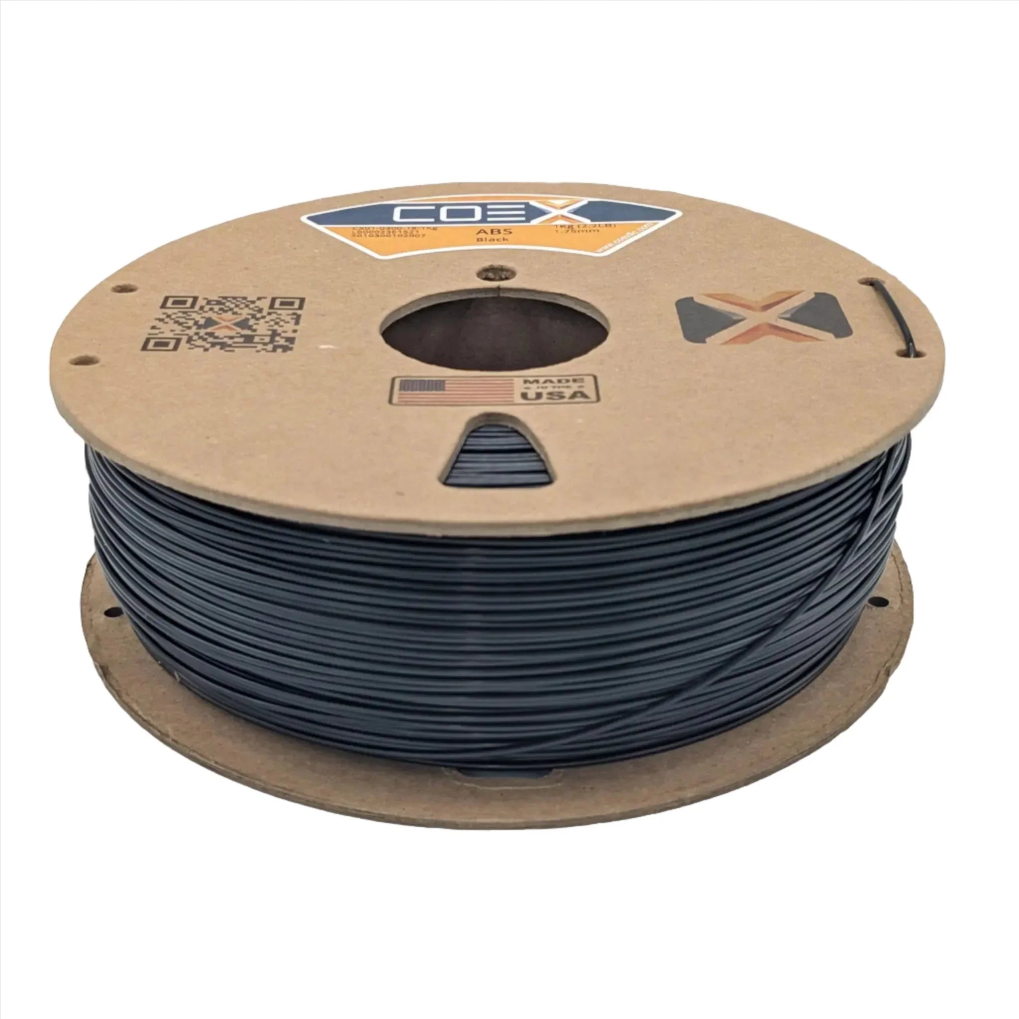 Black ABS 3D printer filament spool, COEX3D brand, made in USA, on white background