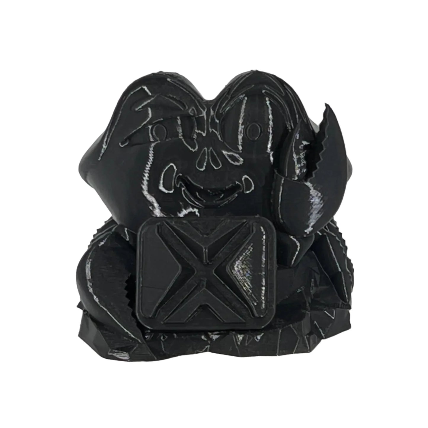 Black 3D printed crab figurine made from ABS filament on white background