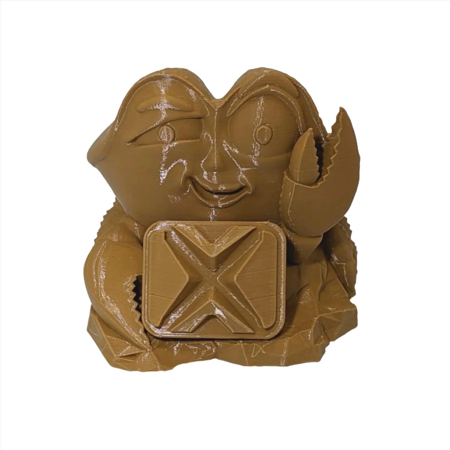 Bone brown 3D printed crab model made with PLA filament, holding a box, on white background