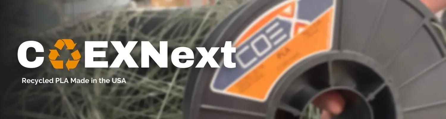 COEXNext recycled PLA 3D printer filament spool with eco-friendly branding