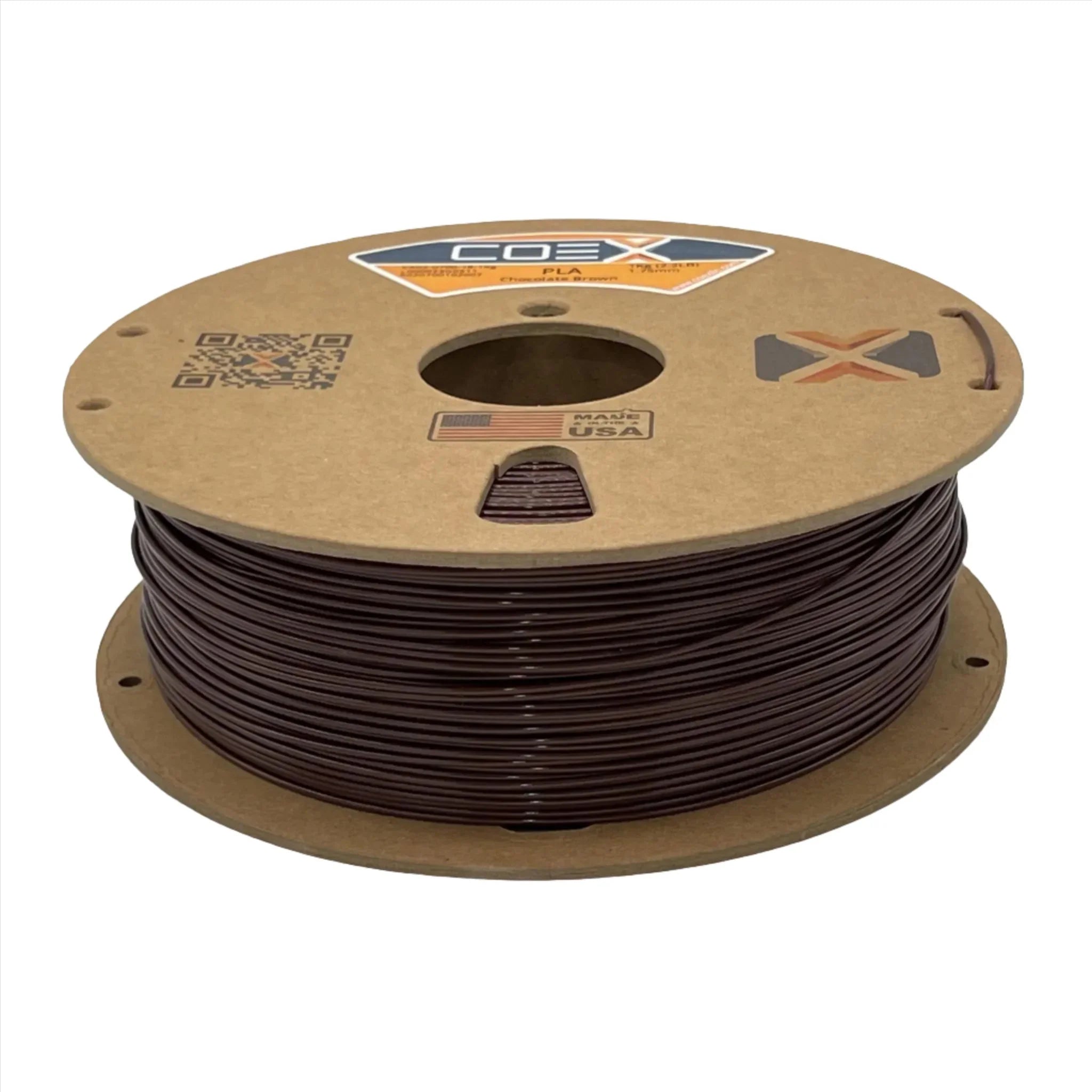 Chocolate brown PLA 3D printer filament coil on cardboard spool, Coex3D branding