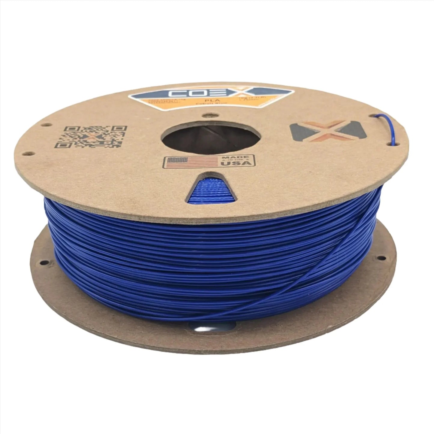 Cobalt blue ABS 3D printer filament spool, COEX brand, made in USA, on white background.