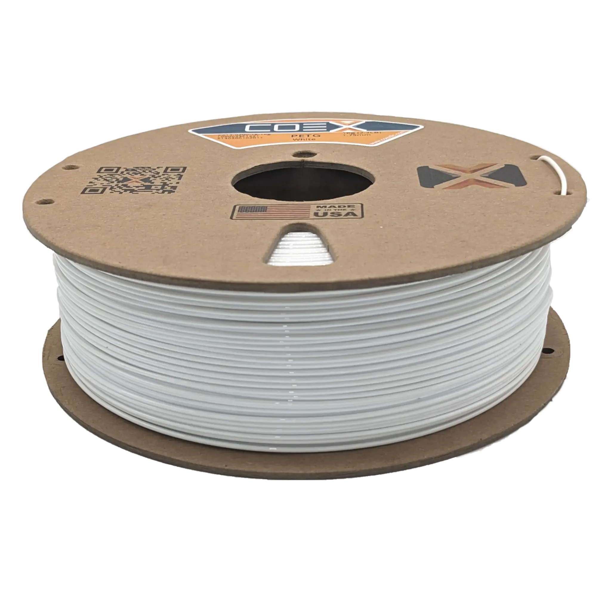 White COEX PCTG 3D printer filament spool with cardboard reel and Made in USA label