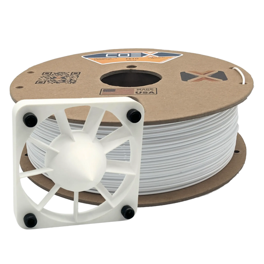 White PCTG 3D printer filament spool with 3D printed fan cover, COEX brand, made in USA