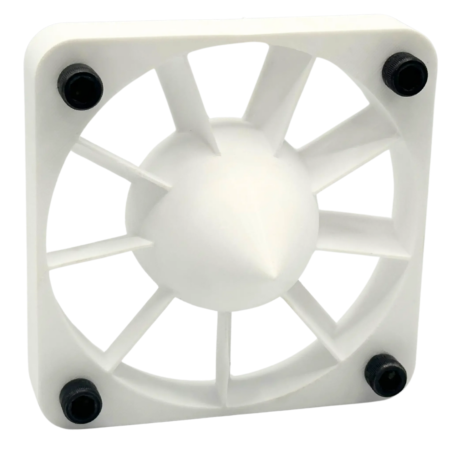 White 3D-printed fan grille with pointed center and four black mounting screws