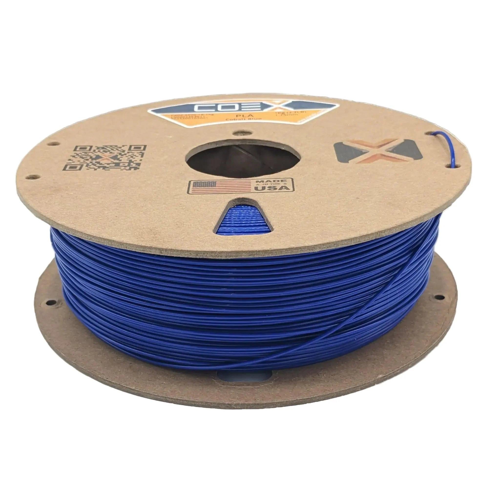 Cobalt blue PLA 3D printer filament spool by Coex3D on cardboard reel