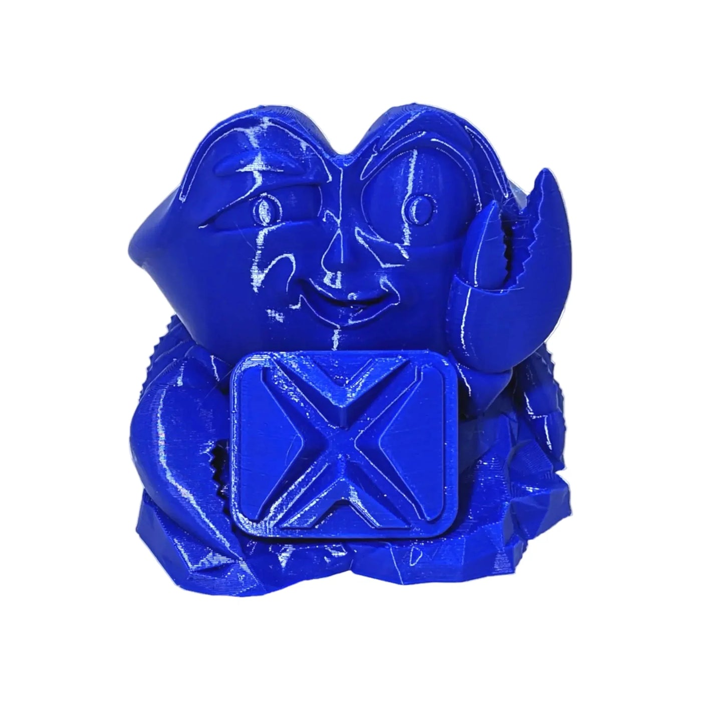 Cobalt blue 3D printed crab figurine made of PLA filament, glossy surface, isolated view.