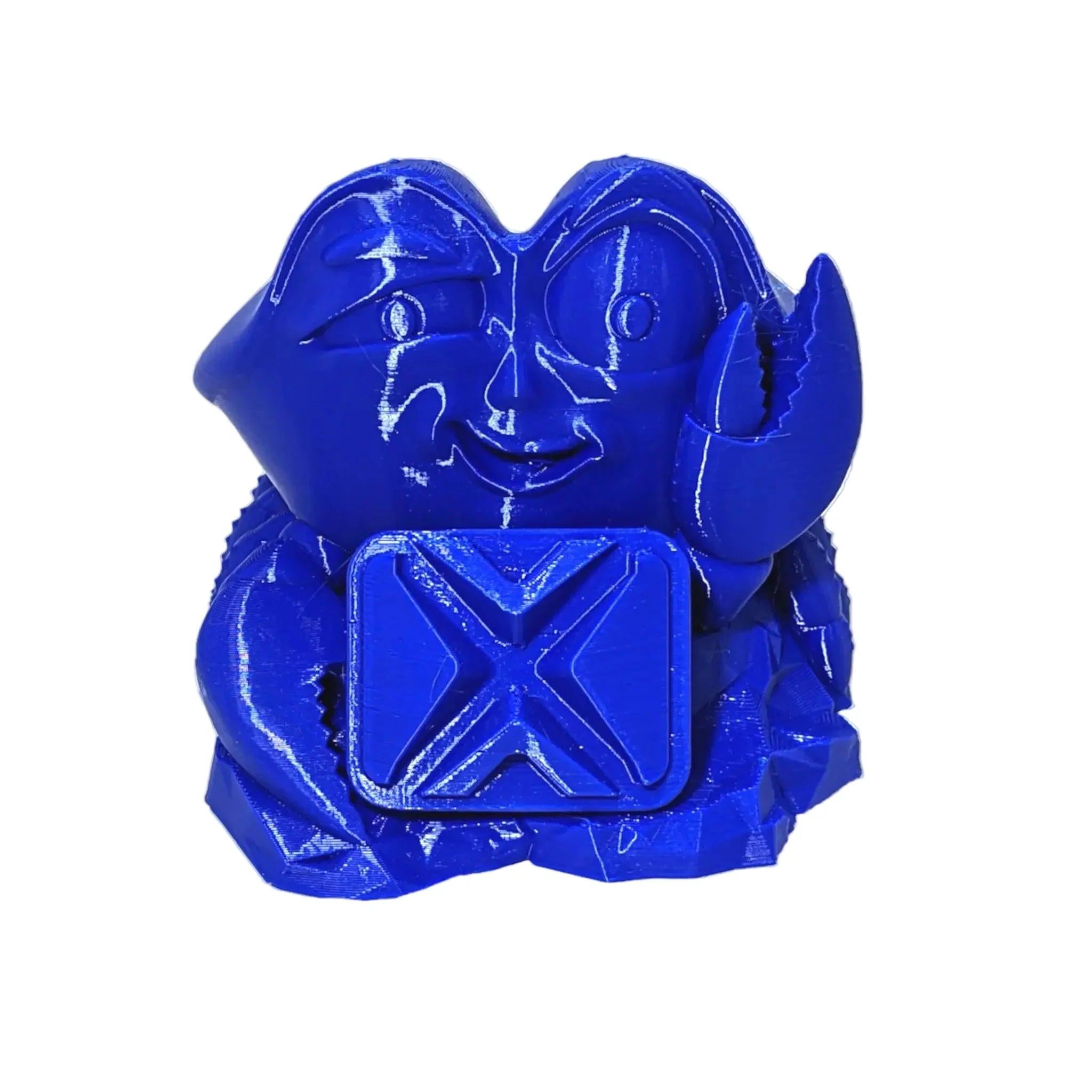 Cobalt blue 3D printed crab figurine made of PLA filament, glossy surface, isolated view.