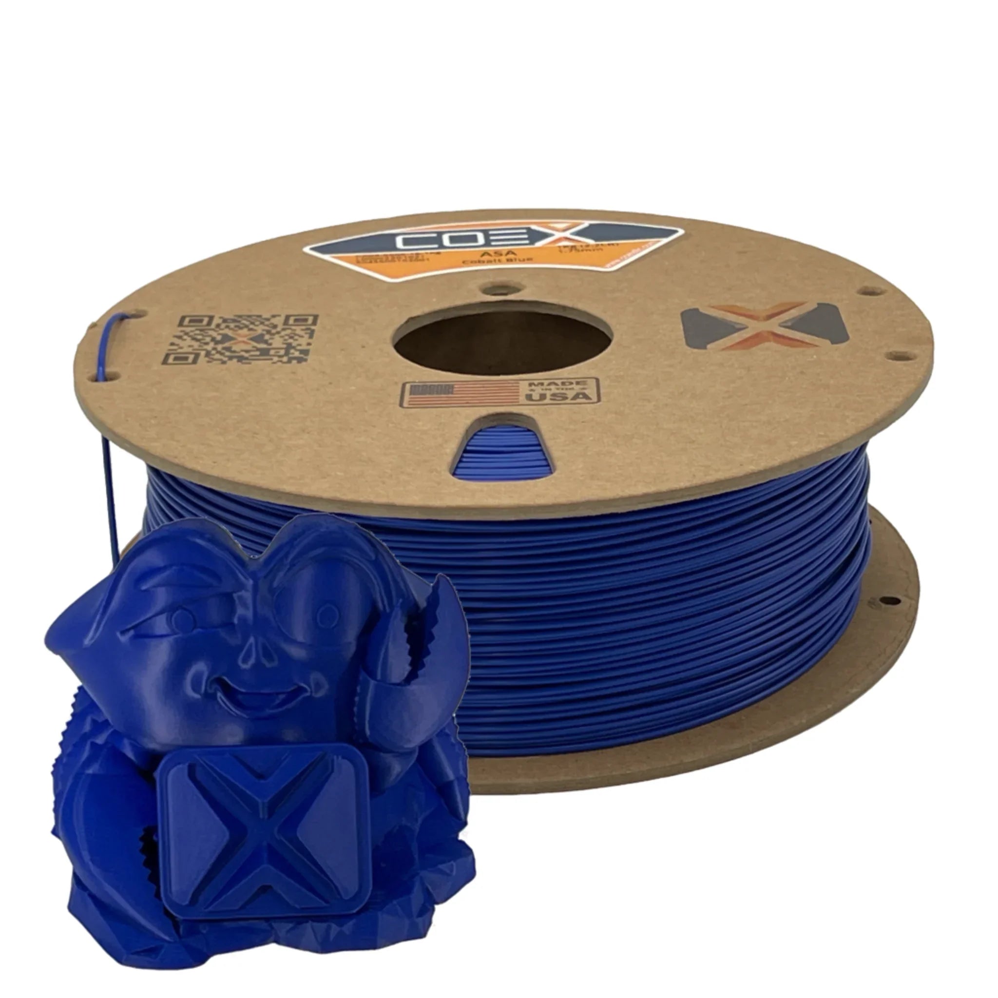Cobalt blue 3D printer filament spool with a blue 3D printed crab figurine, COEX brand