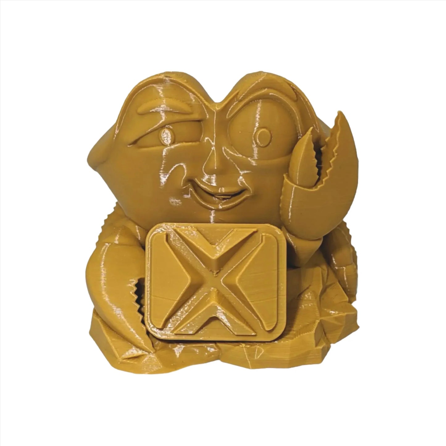 Yellow 3D printed crab figurine with construction jerrycan, made from PLA filament
