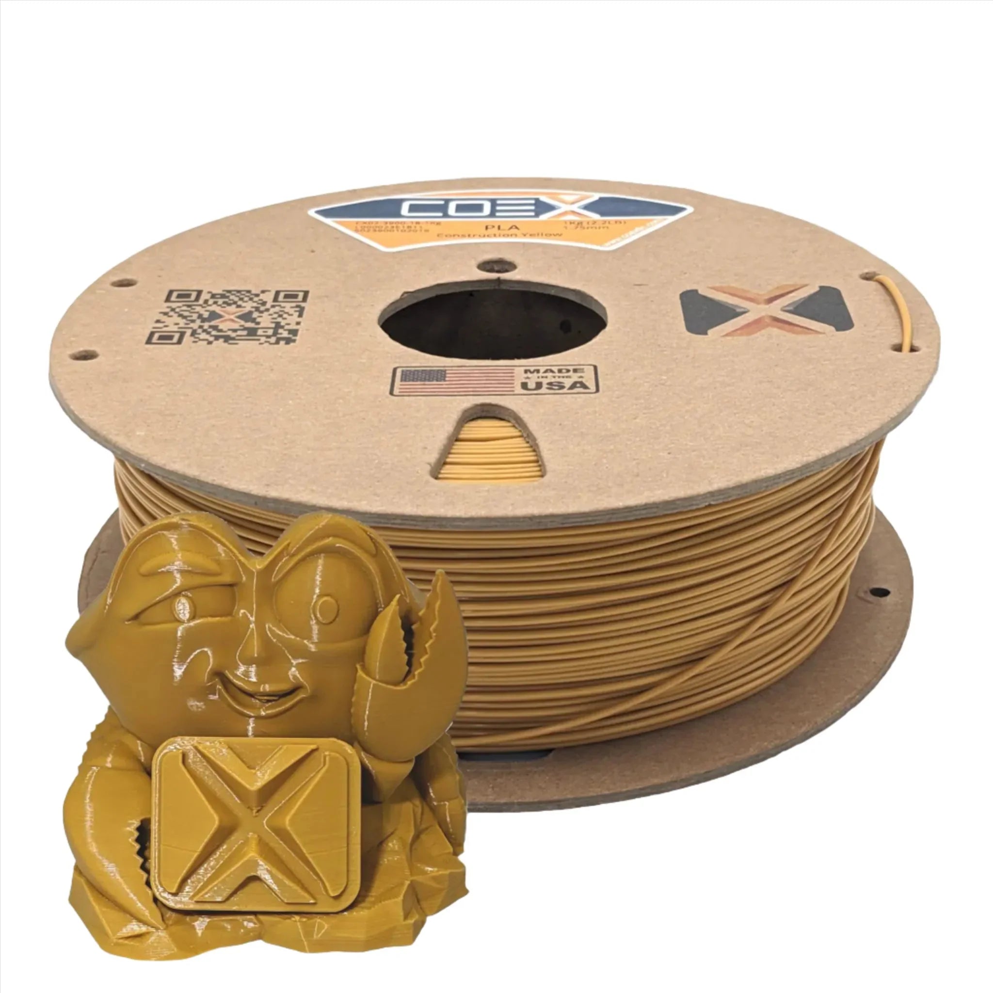 Construction Yellow PLA 3D printer filament spool with yellow crab figurine