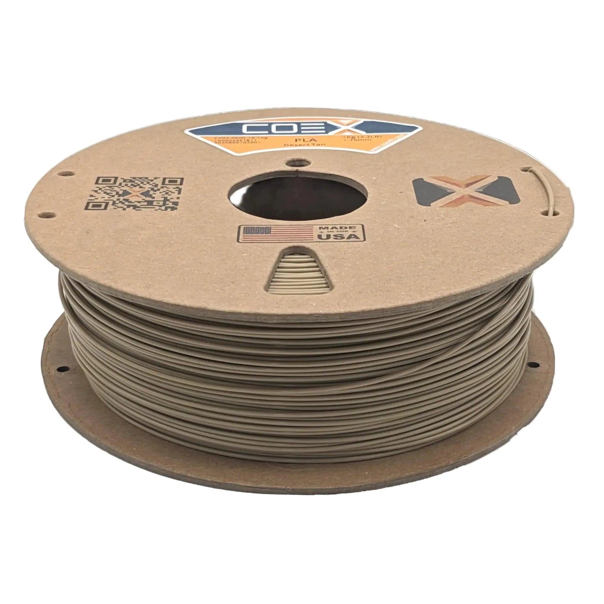 Desert Tan PLA 3D printer filament spool, COEX brand, made in USA, on white background