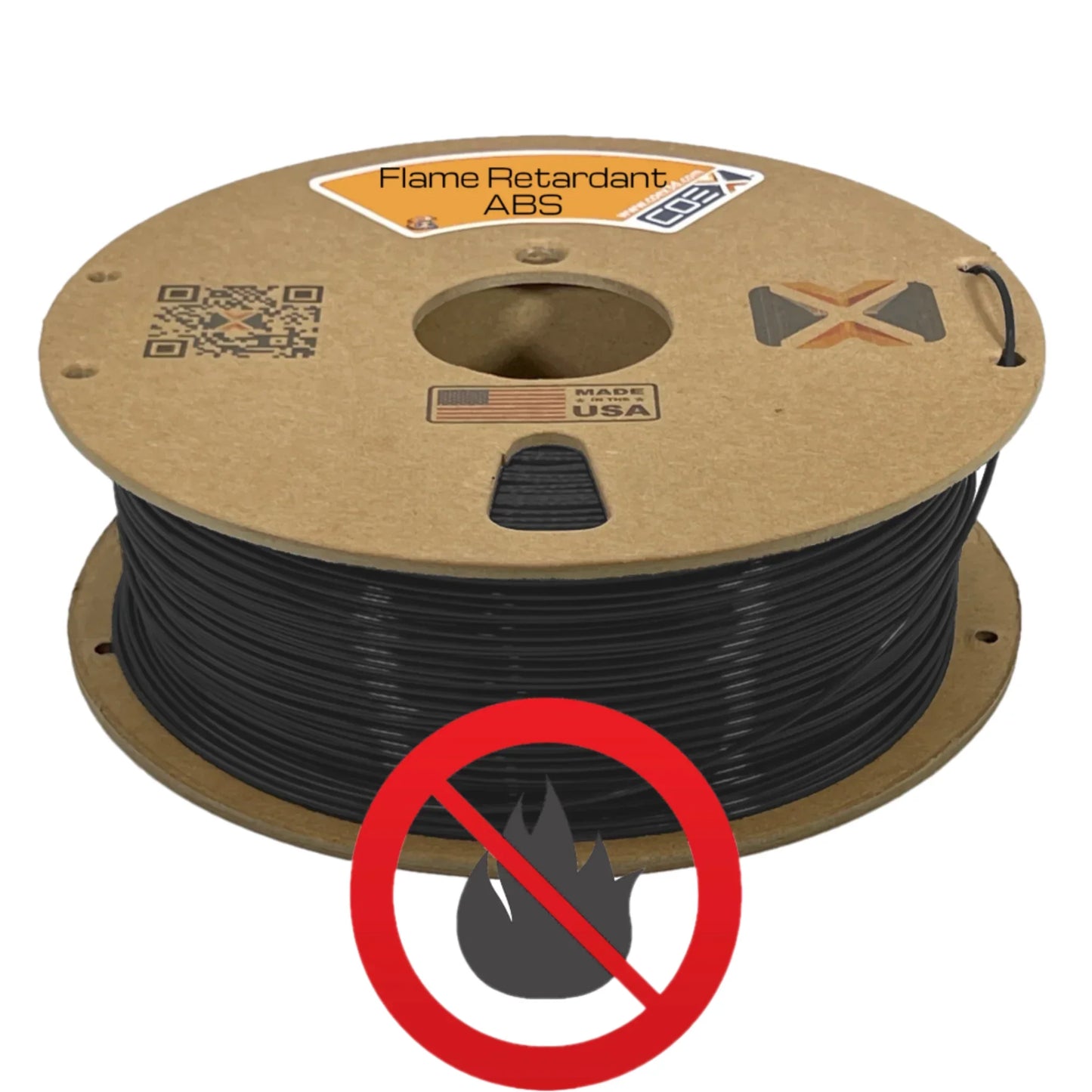 Flame retardant ABS 3D printer filament spool with no fire symbol, made in USA