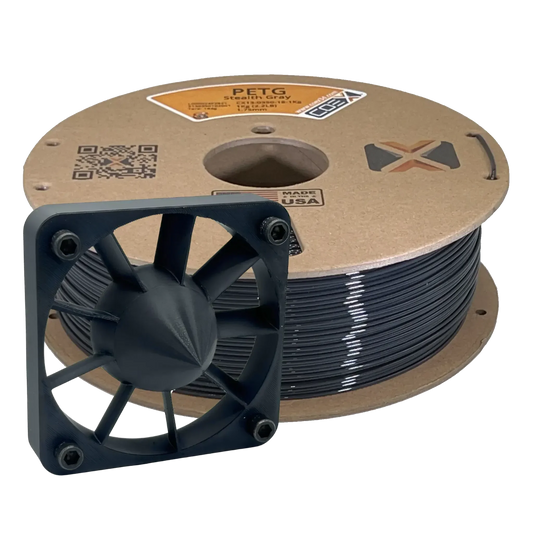 Stealth gray PETG 3D printer filament spool with 3D printed fan part