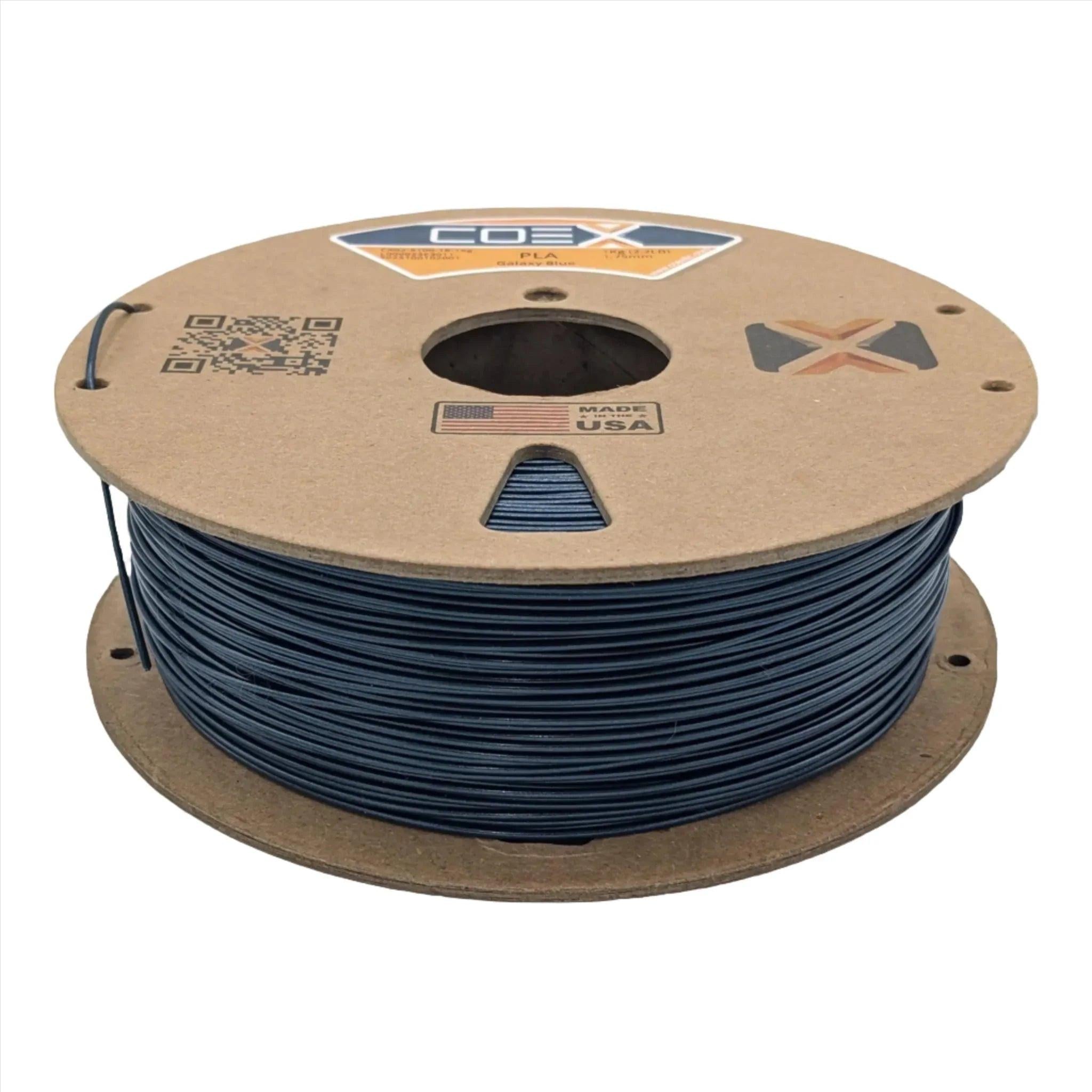 Galaxy Blue PLA 3D printer filament spool by Coex, made in USA