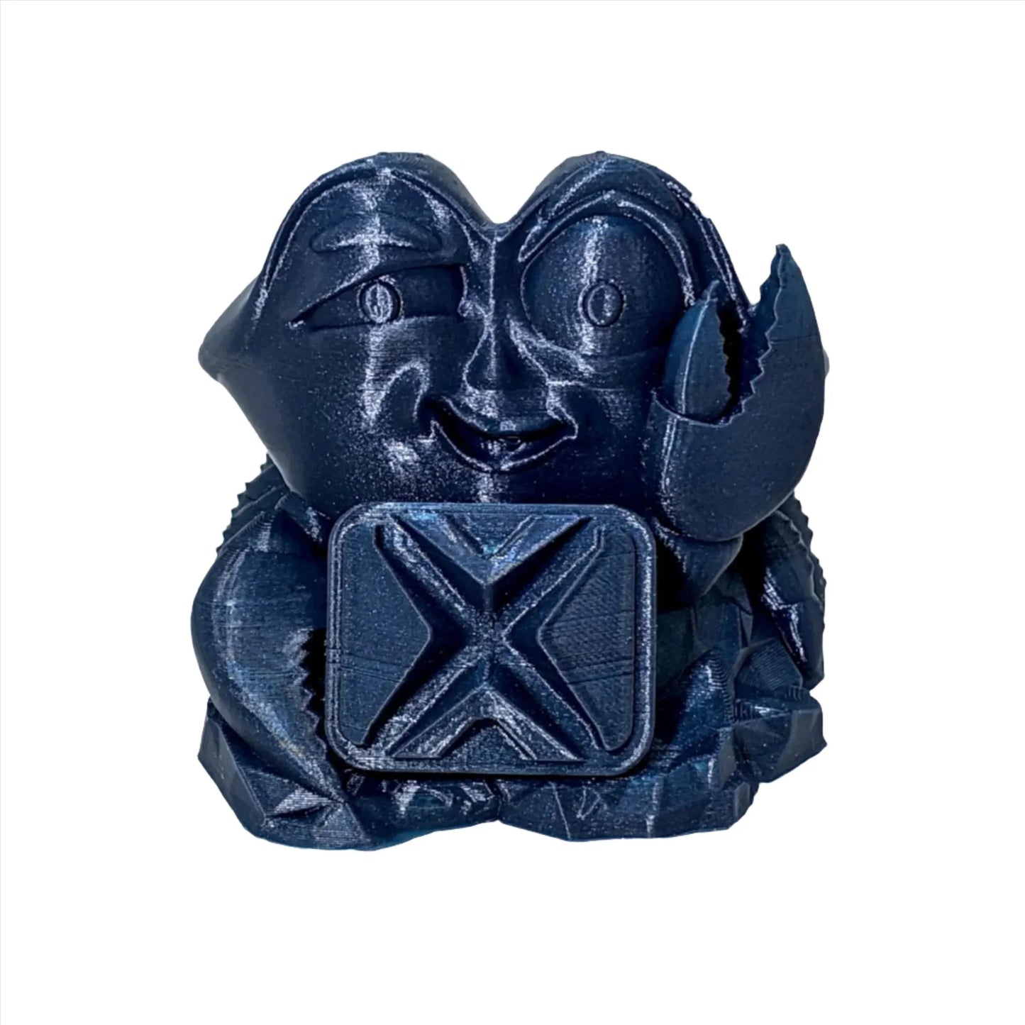 Shiny blue 3D printed cartoon crab figurine in PLA filament with box detail in front