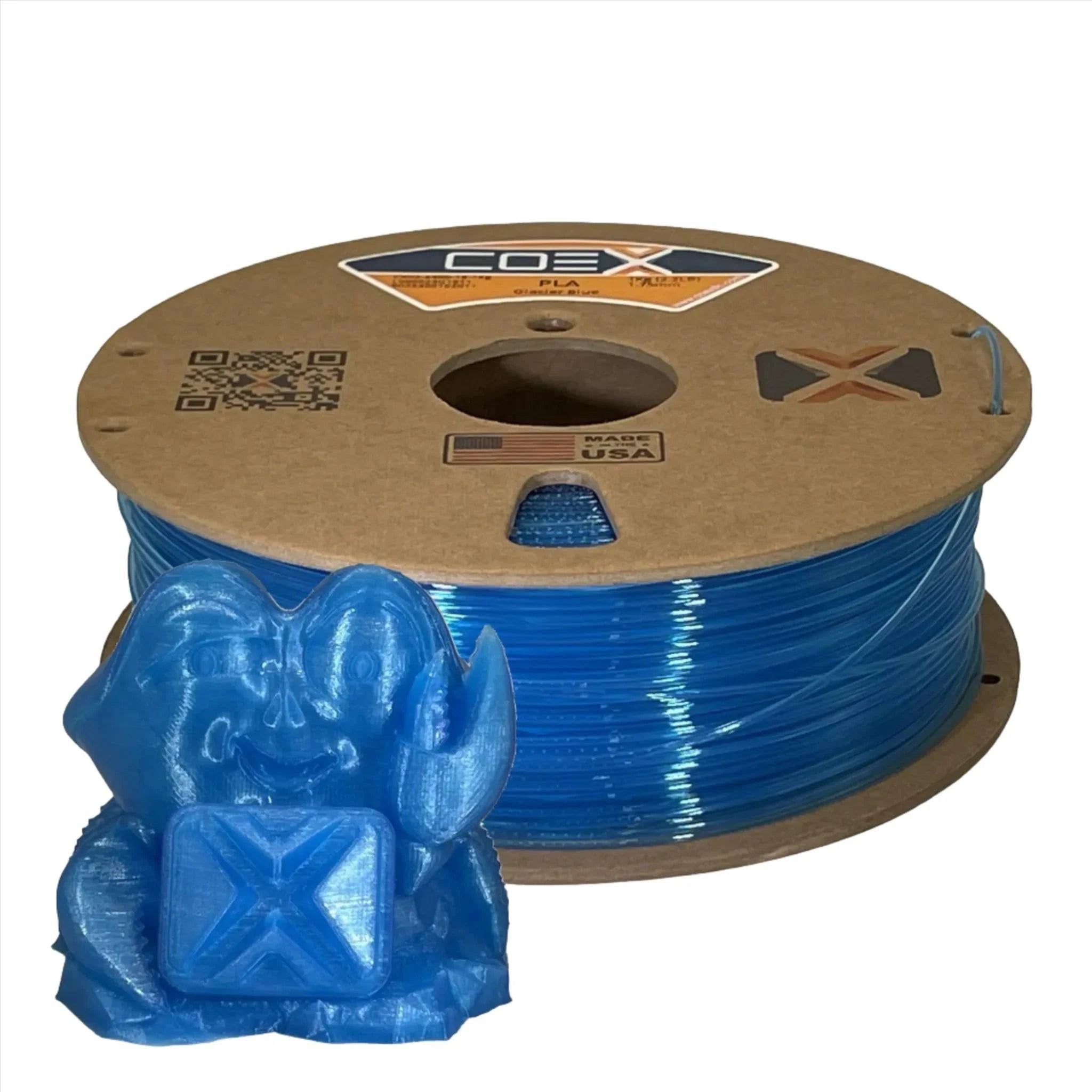 Glacier Blue PLA COEX 3D printer filament spool with a blue 3D printed figure