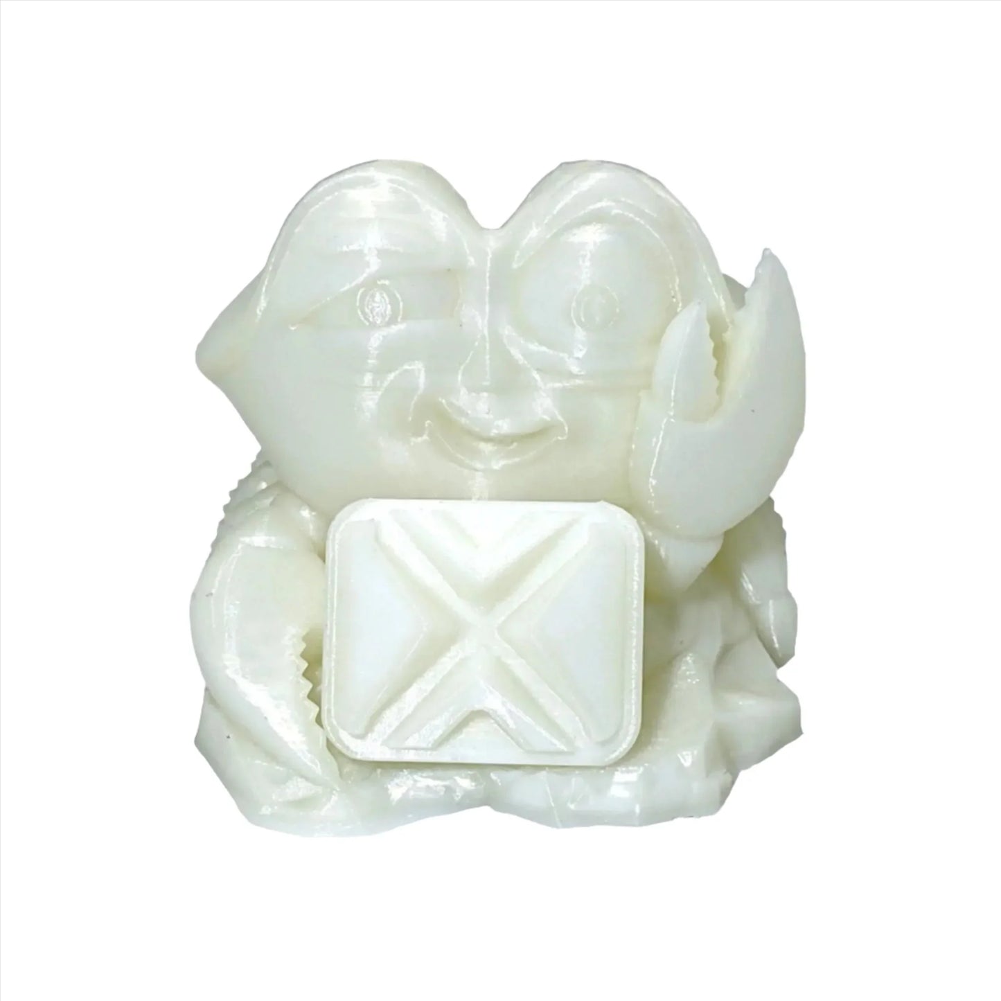 3D printed crab figurine in glow-in-the-dark green PLA plastic on white background