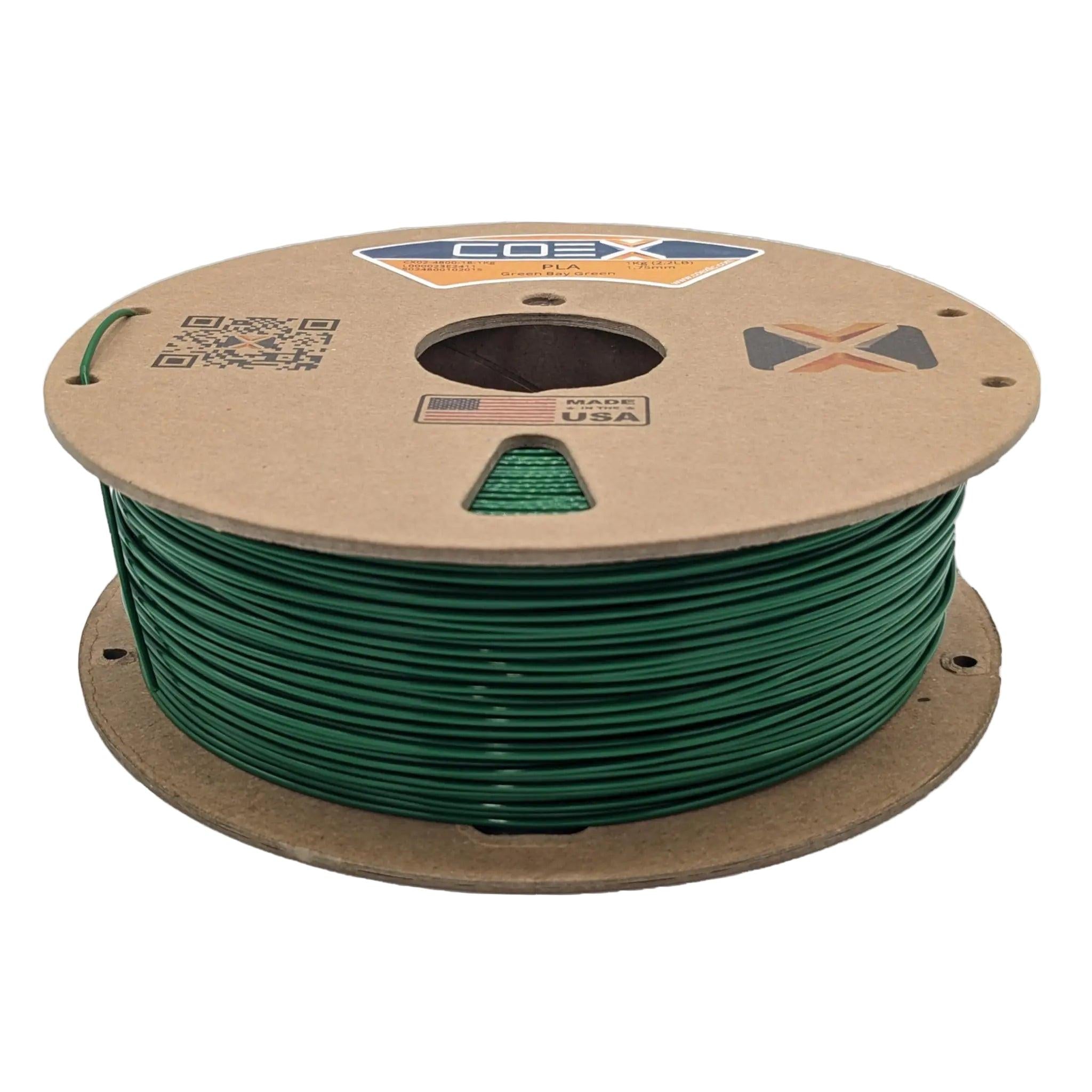 Green PLA 3D printer filament spool, COEX brand, made in USA, cardboard reel