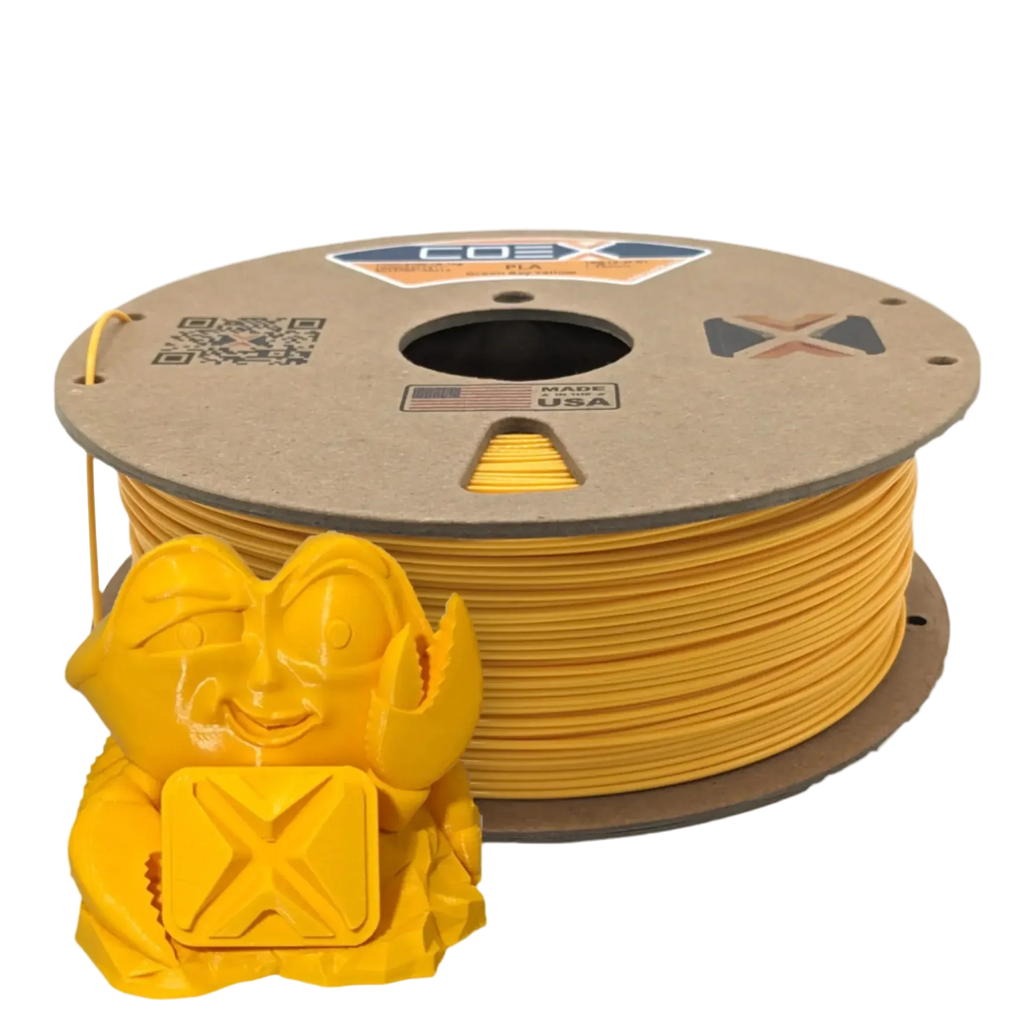 Yellow COEX 3D PLA filament spool with a 3D printed crab figurine in front