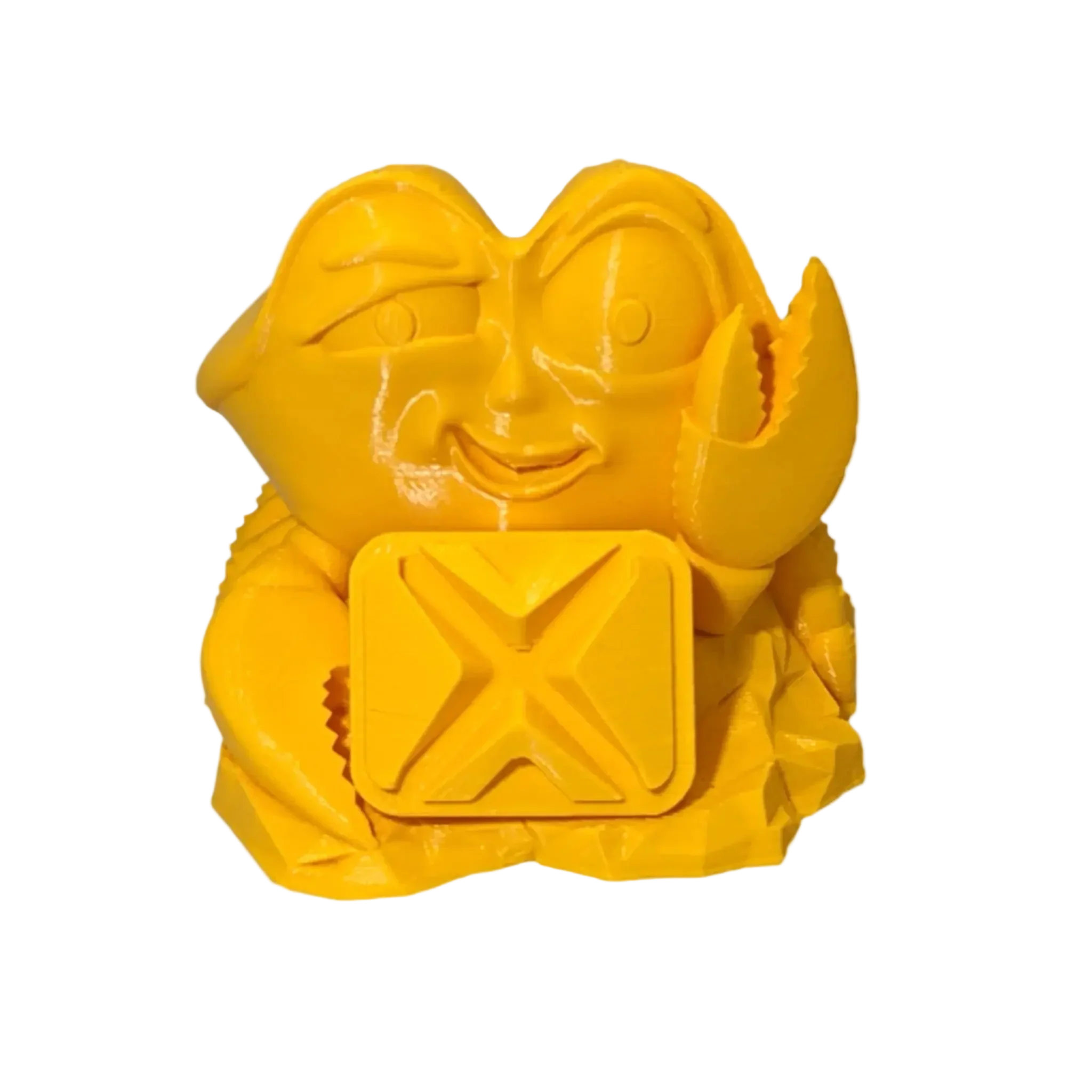 Yellow 3D printed cartoon crab figure with a block and claw, on plain background