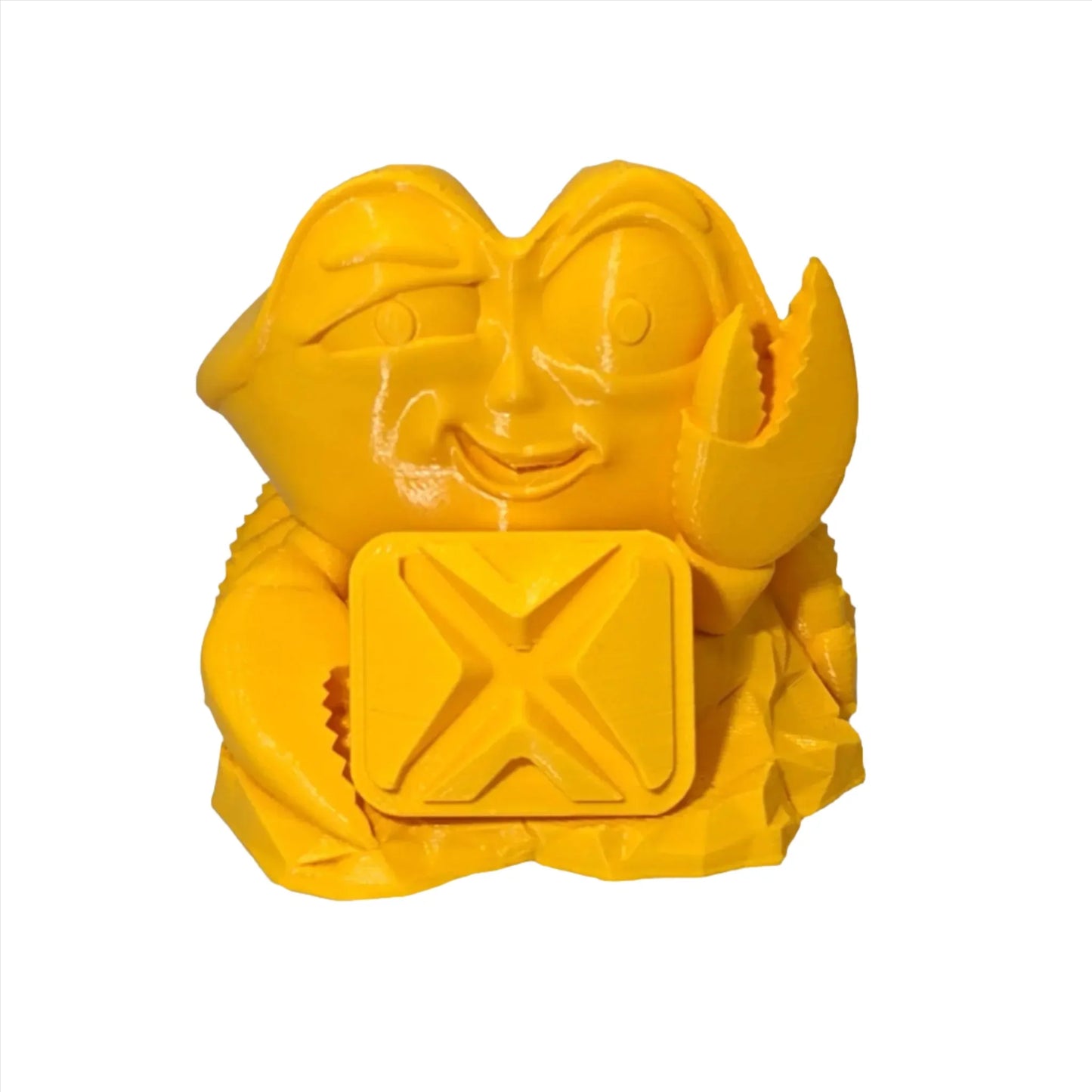 Yellow 3D printed crab figurine with a square X pattern, made from PLA filament