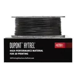 DuPont Hytrel black 3D printer filament spool on branded packaging for 3D printing