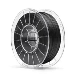 Black 3D printer filament spool in clear plastic reel on white background