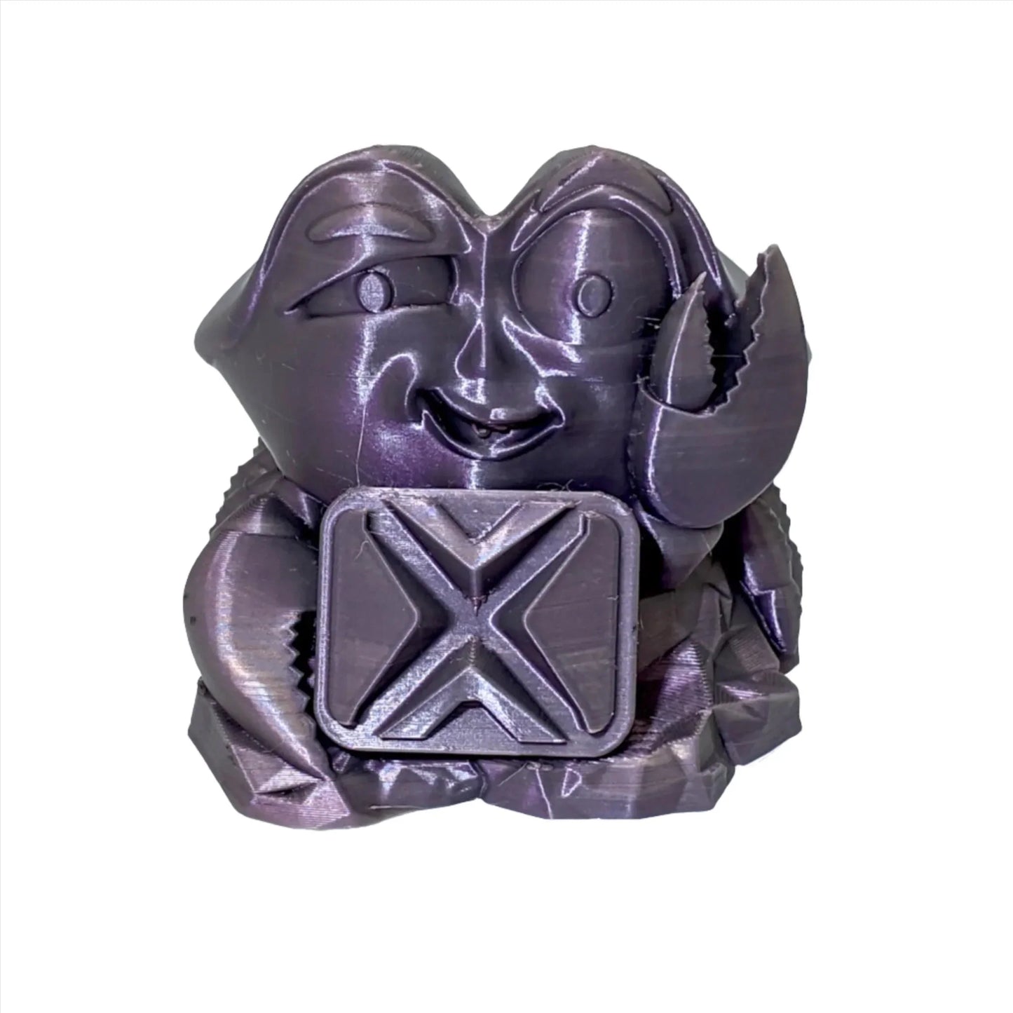 Iced Amethyst PLA 3D printed cartoon crab figurine on white background