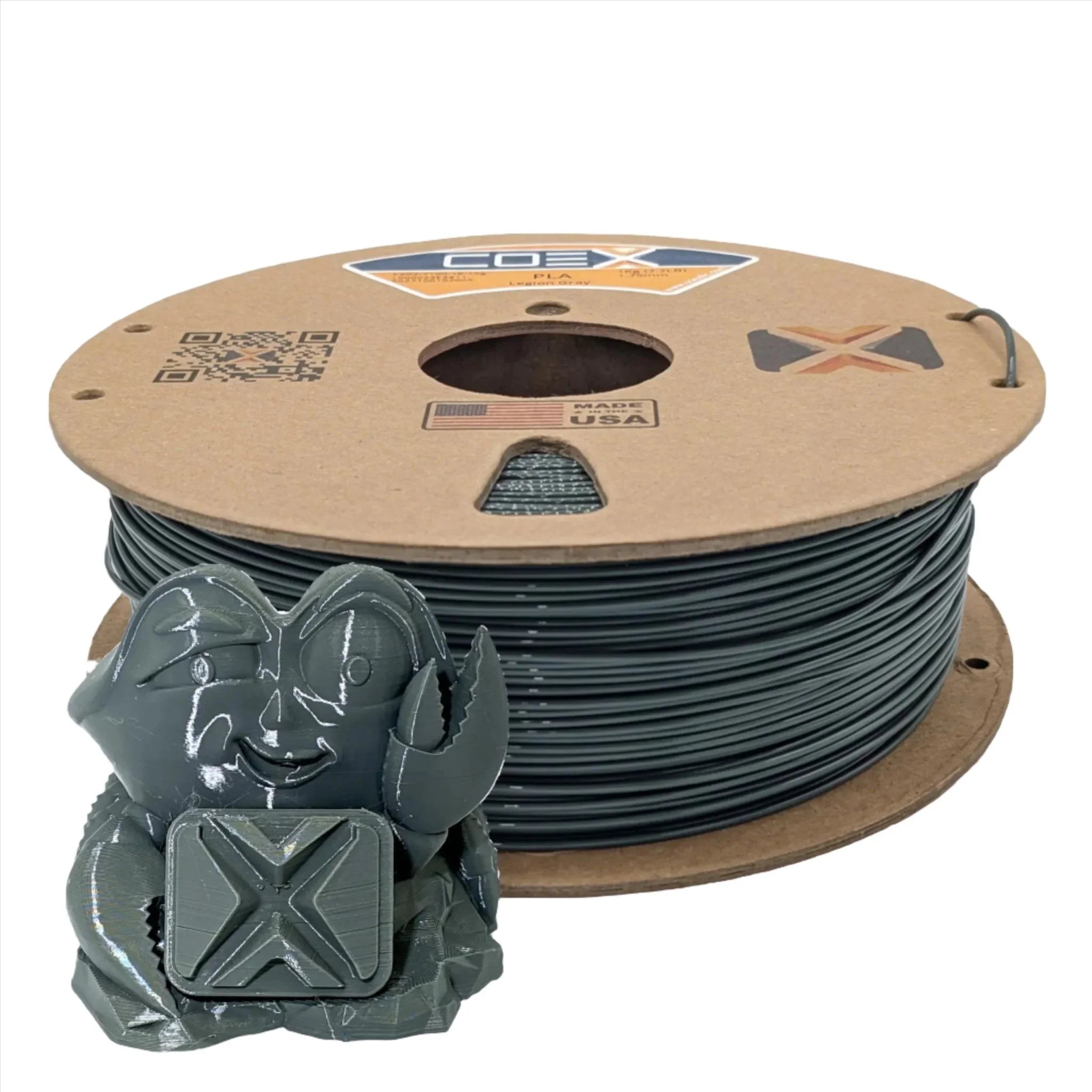 Legion Gray PLA COEX 3D printer filament spool with gray 3D printed model in front