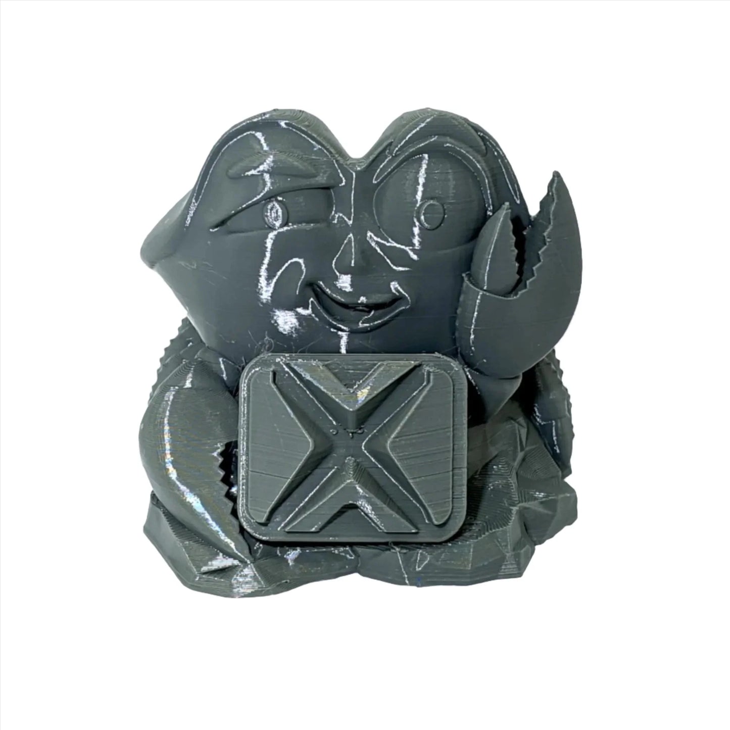 Gray 3D printed crab figurine in PLA plastic holding a square object, on white background