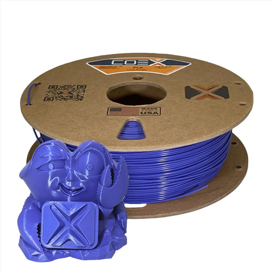 Lilac purple COEX 3D PLA filament spool with 3D printed crab figure in front