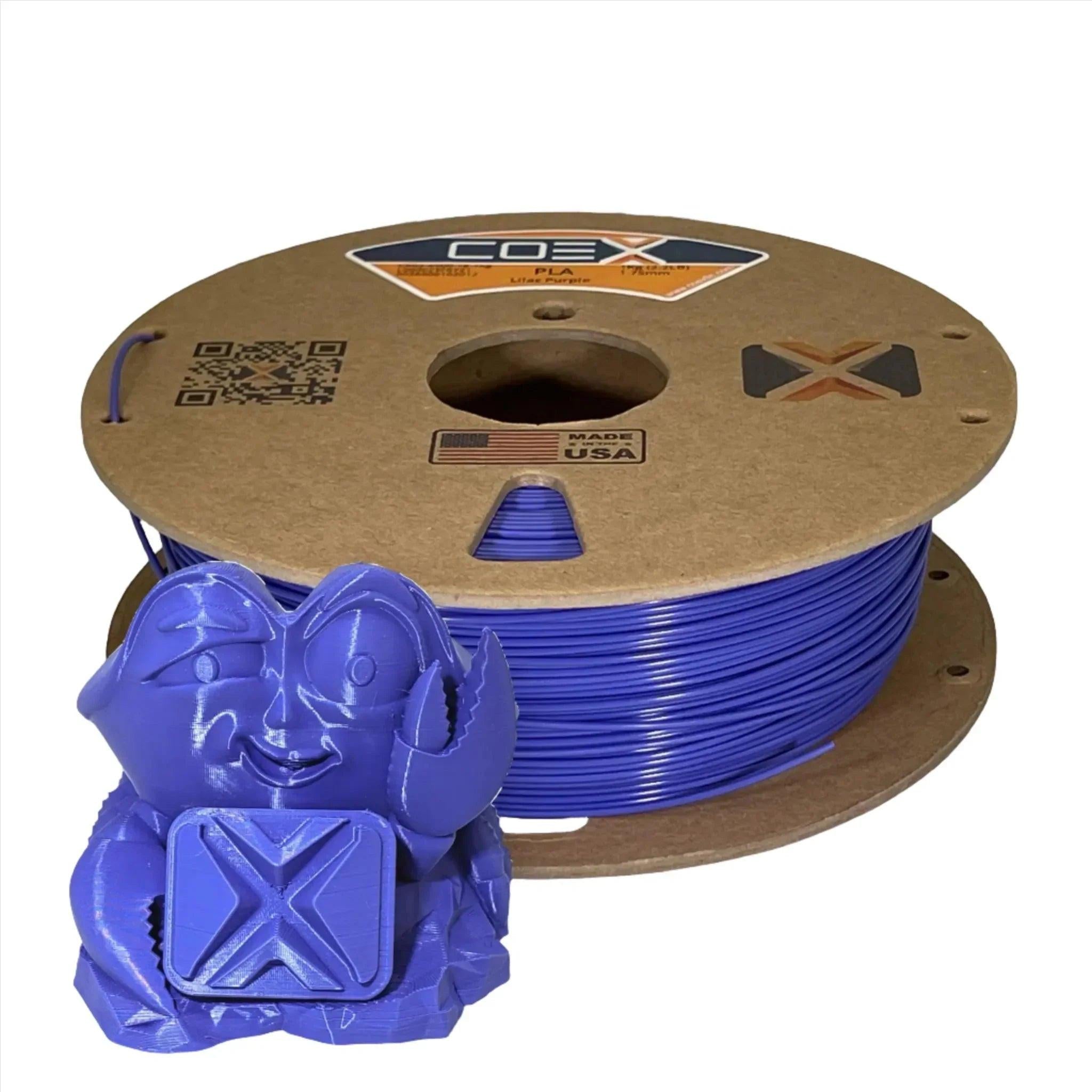 Lilac purple COEX 3D PLA filament spool with 3D printed crab figure in front