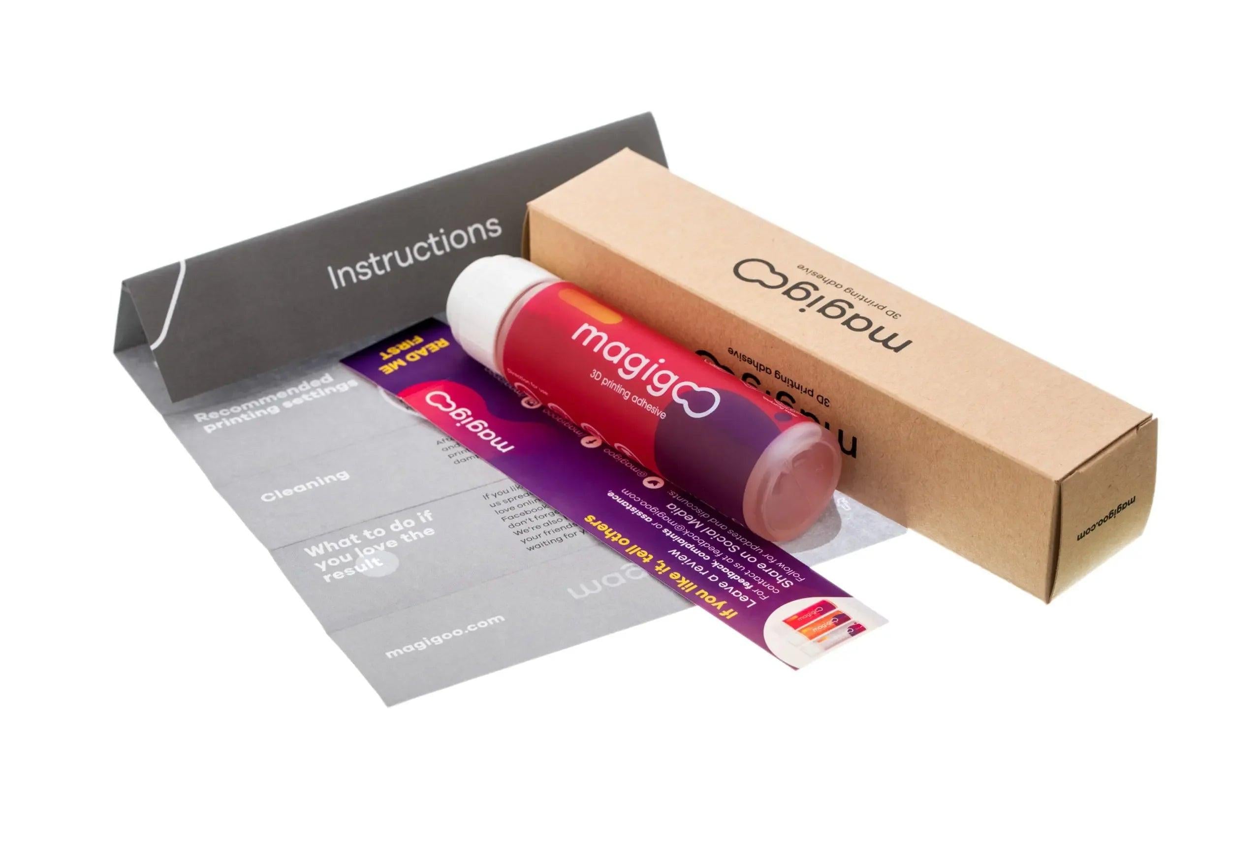 Magigoo Original 50ml 3D printer bed adhesive bottle with box and instructions