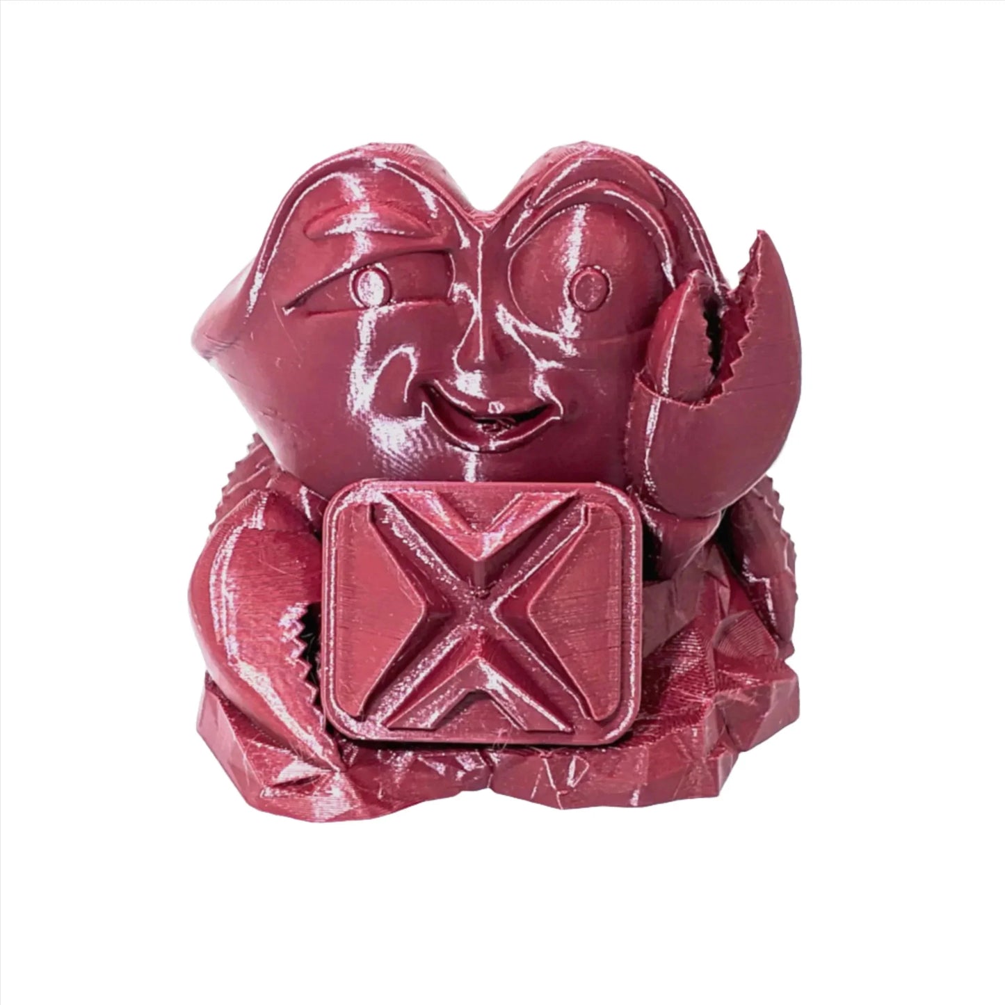 Maroon red 3D printed crab figurine made with PLA filament, glossy finish, on white background