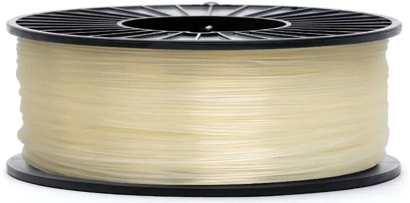 Natural CoexFlex 3D printer filament spool, translucent 30D TPE, on black reel