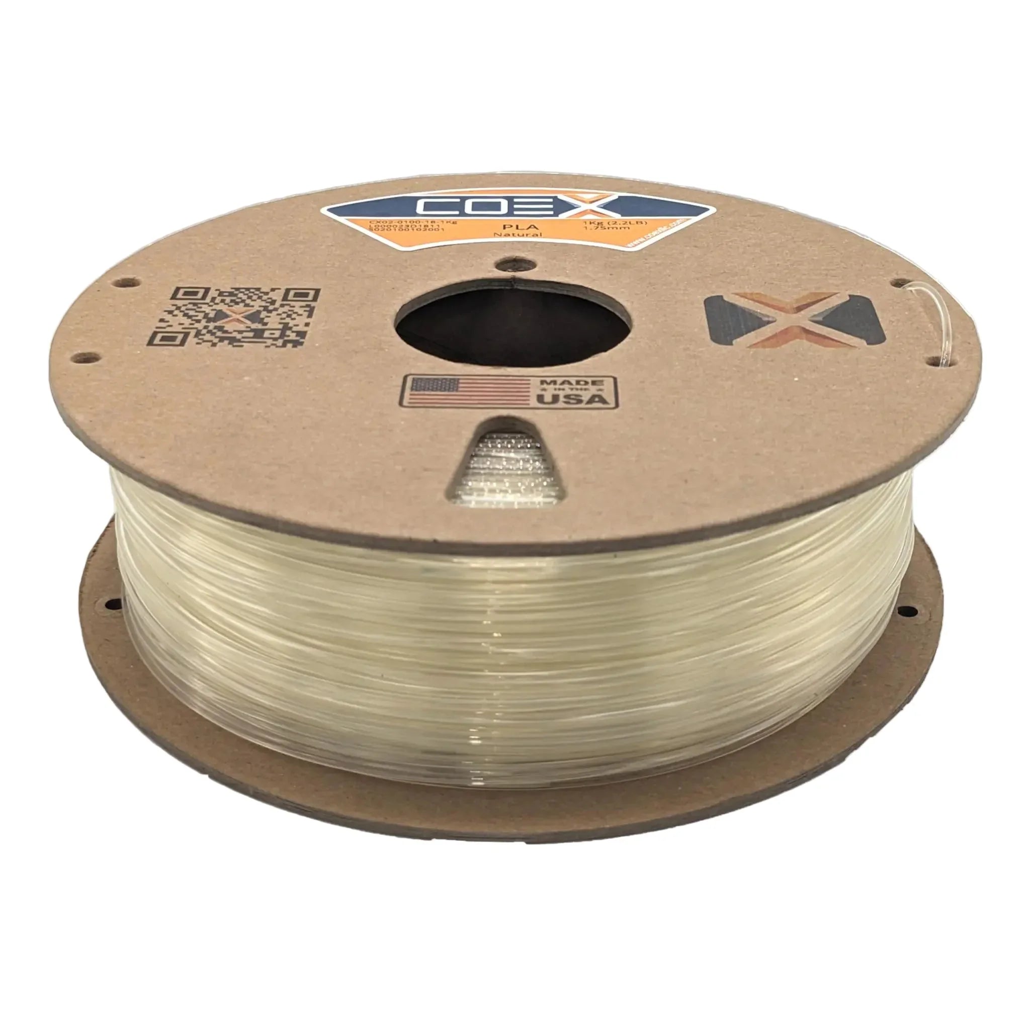 Transparent natural PLA 3D printer filament spool, COEX, made in USA