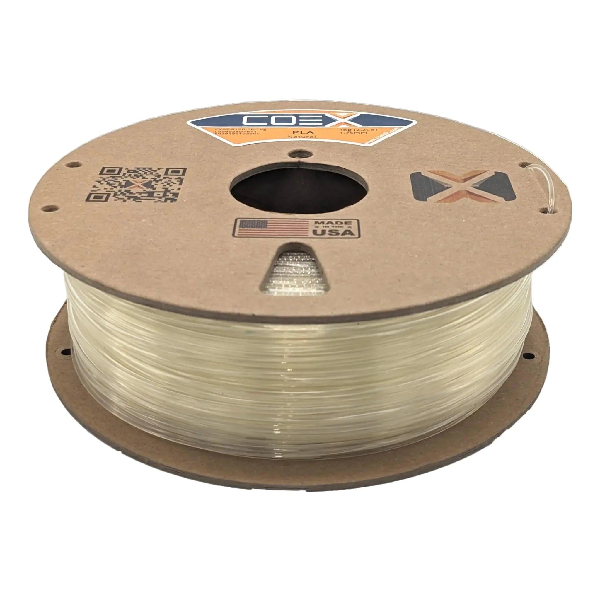 Transparent natural PLA 3D printer filament spool, COEX, made in USA