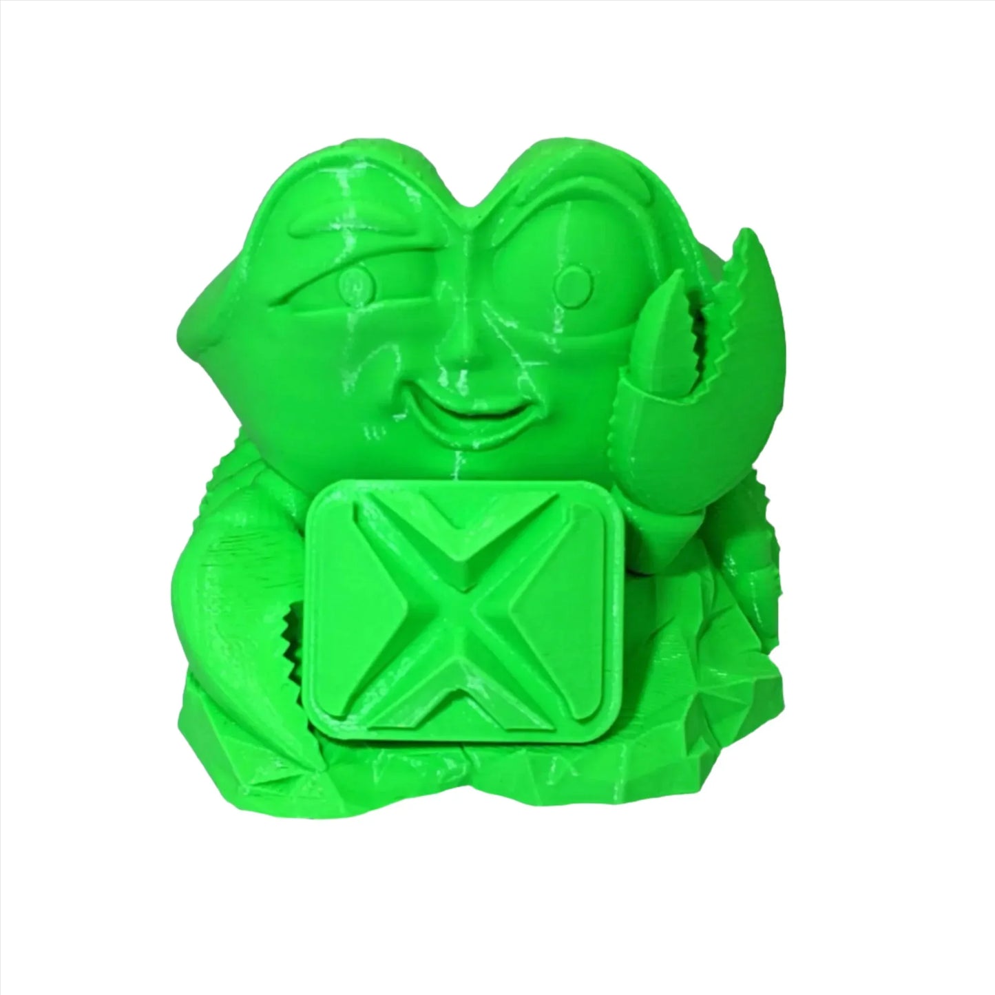 Neon green 3D printed figure with cartoon crab claws and X-shaped chest block