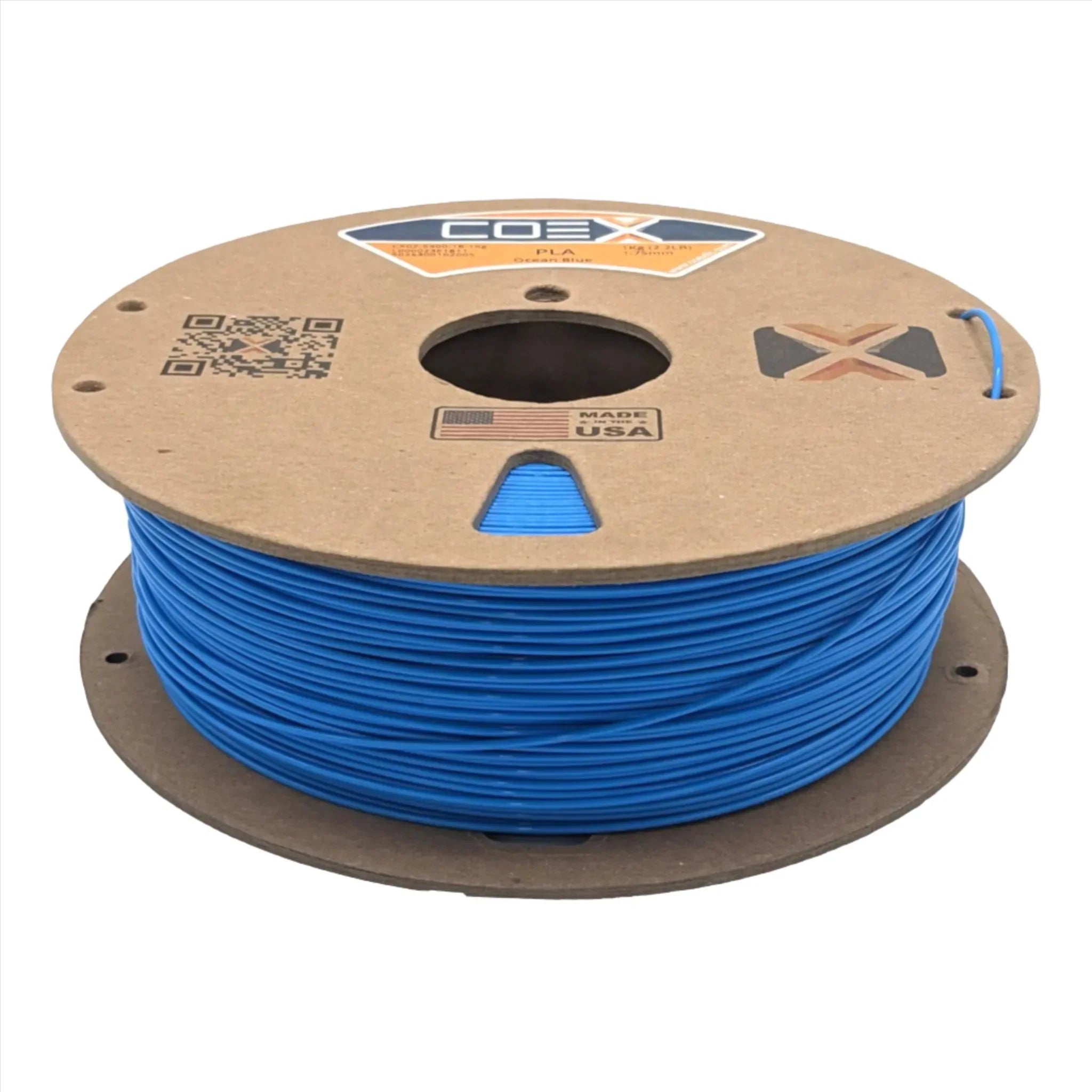 Ocean Blue PLA 3D printer filament spool with cardboard reel, Made in USA